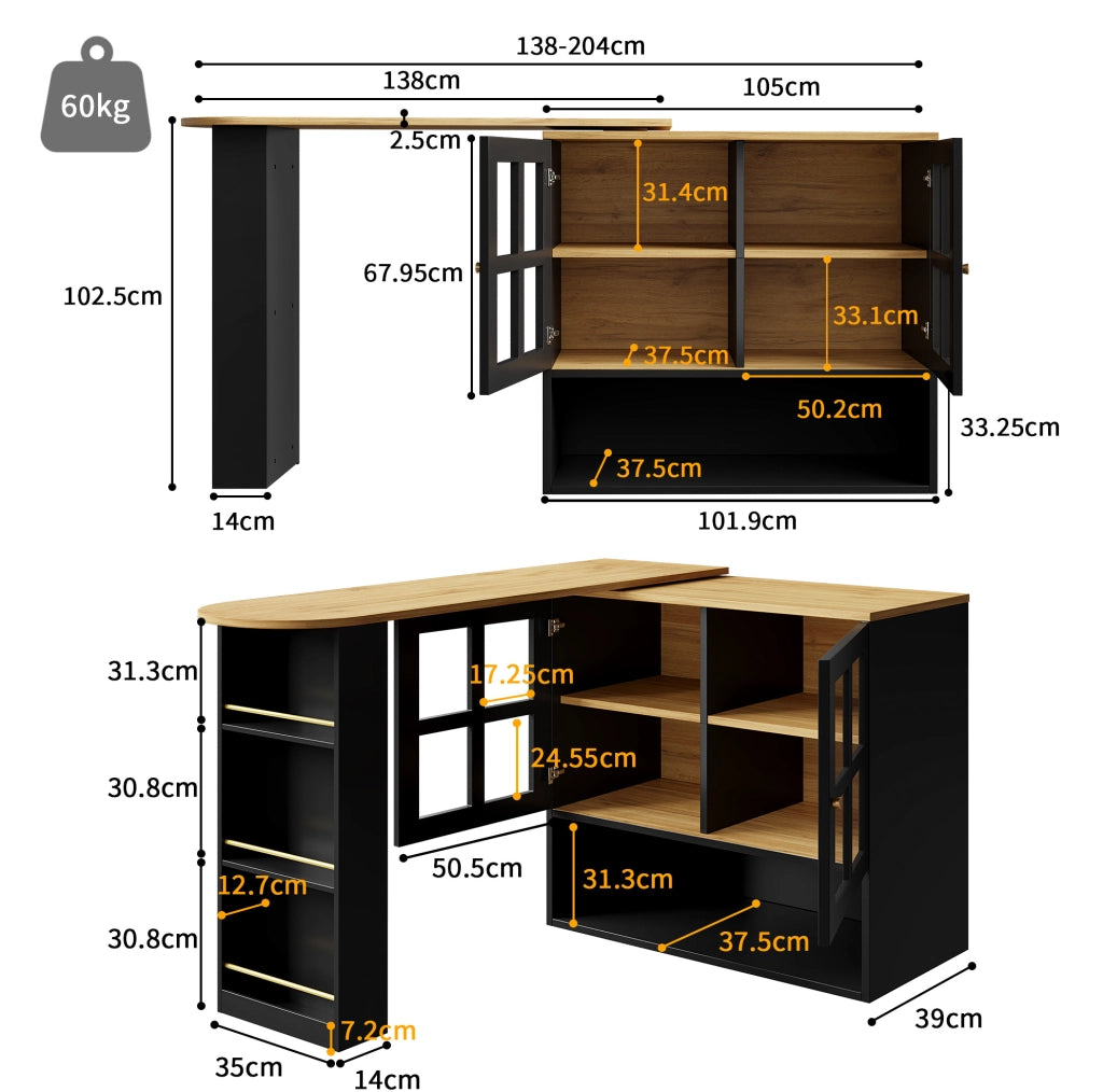 Credenza 138-204x39x102.5 cm girevole 360° e allungabile in MDF nero