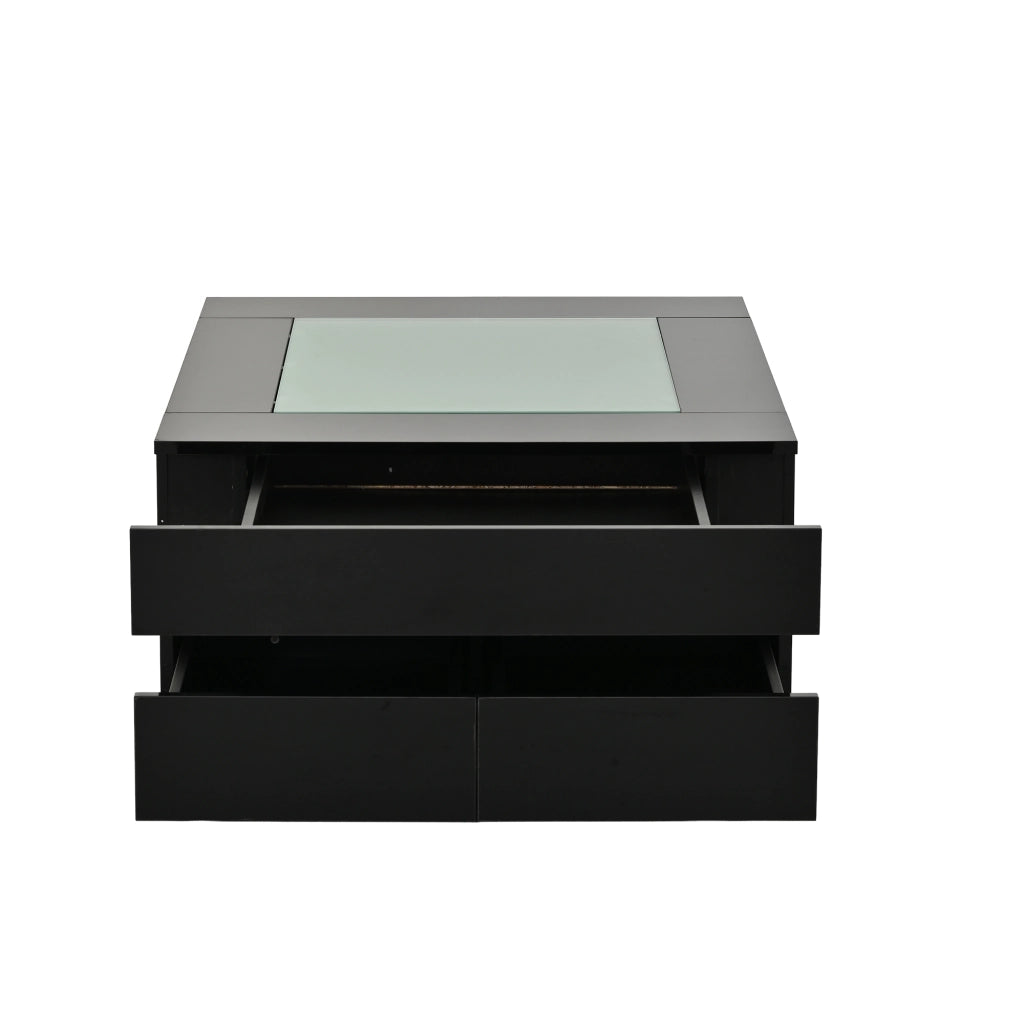 Tavolino da salotto quadrato 70 x 70 x 35 cm con piano in vetro, LED integrata e 3 cassetti, nero