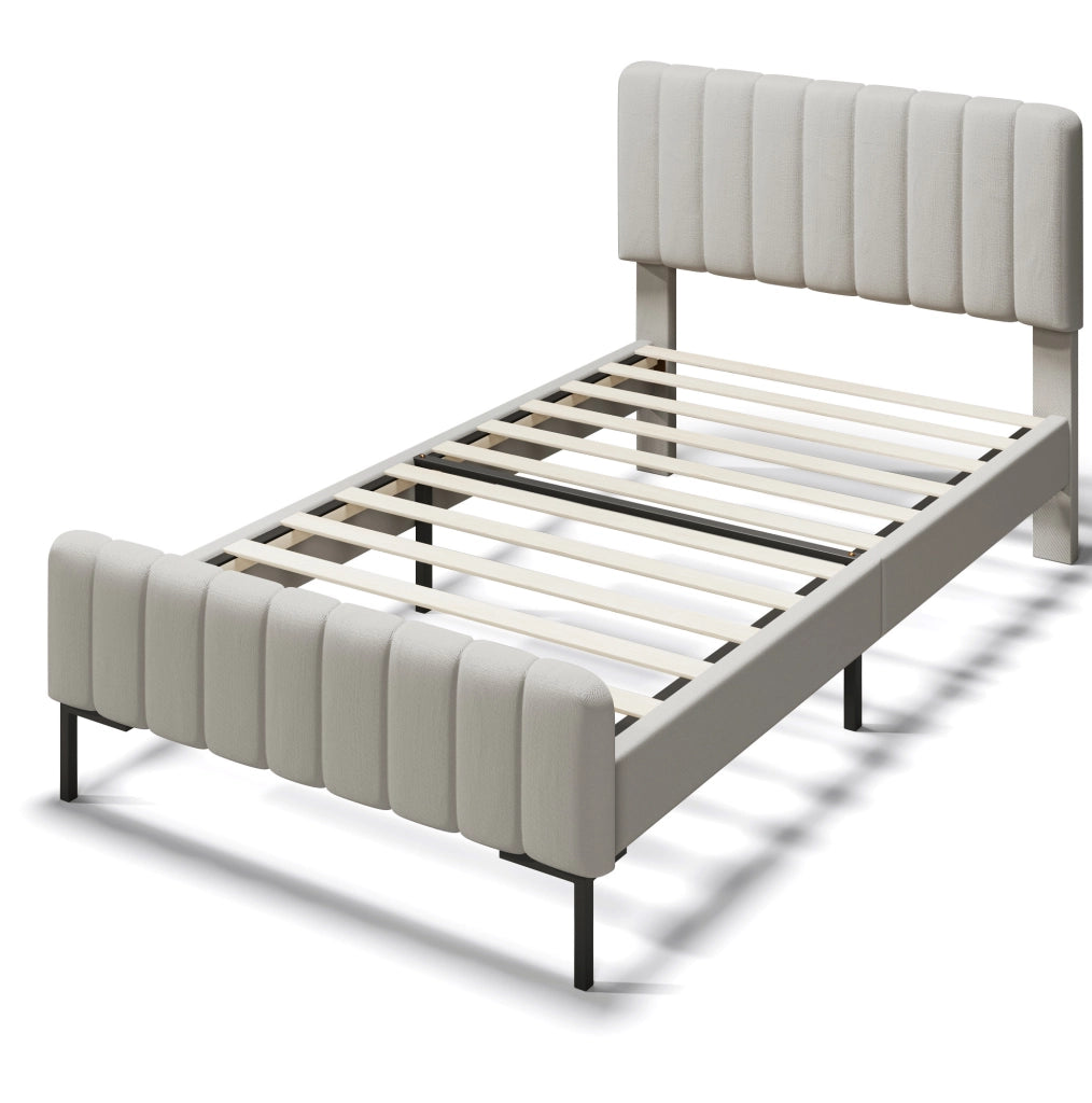 Letto singolo imbottito 90x200 cm in lino grigio-beige con testiera regolabile