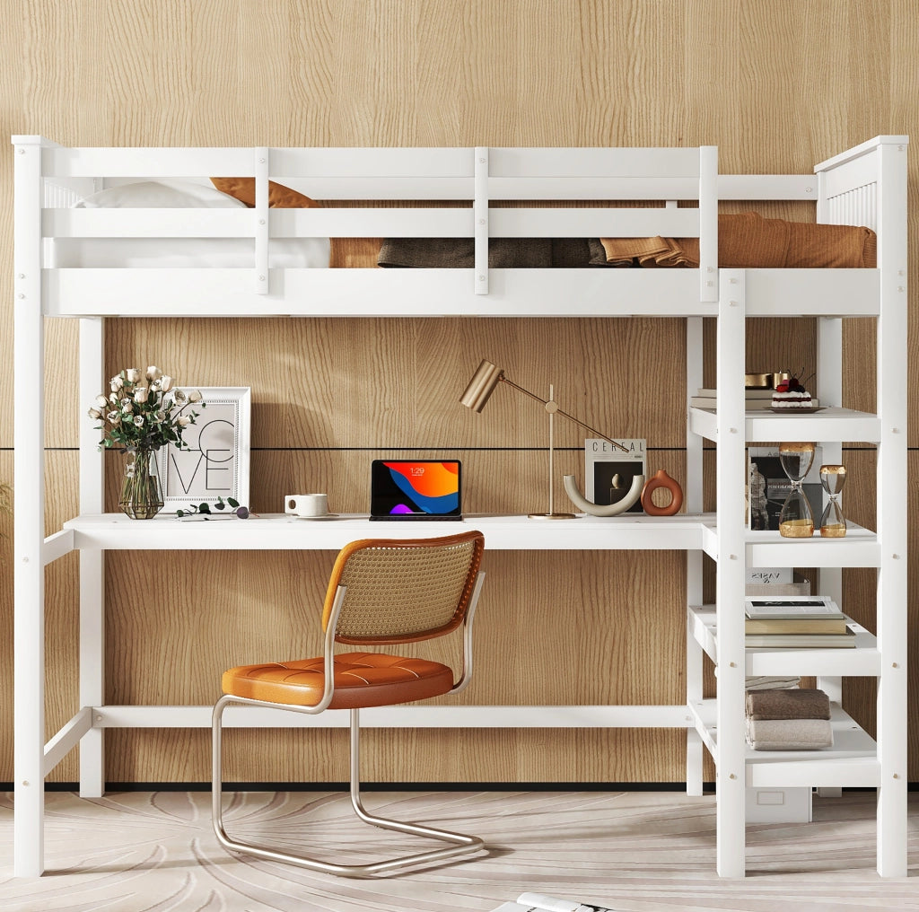 Letto a soppalco 90x200 cm con scrivania e ripiani; legno; bianco (Senza materasso)