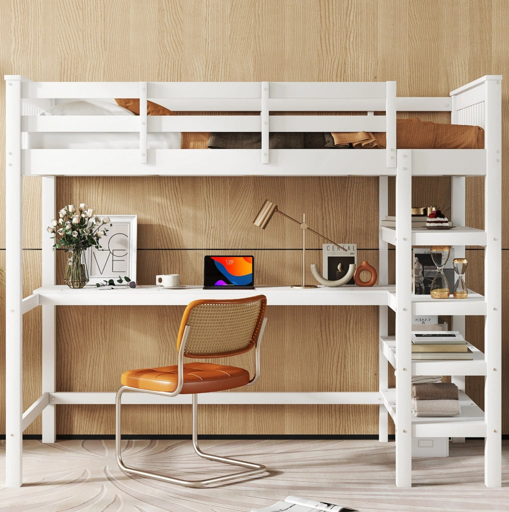 Letto a soppalco 90x200 cm con scrivania e ripiani; legno; bianco (Senza materasso)