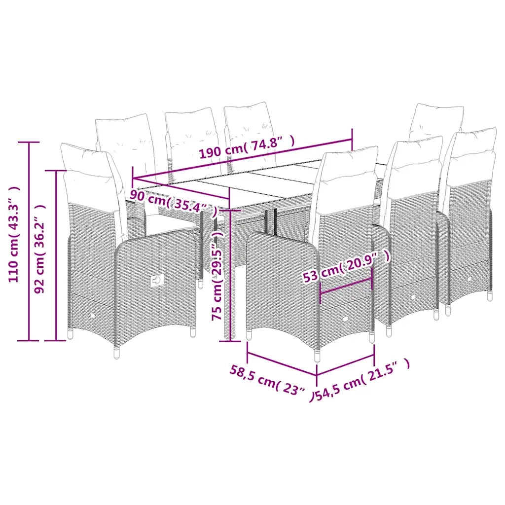 vidaXL Set Bistrò da Giardino 9 pz con Cuscini in Polyrattan Grigio