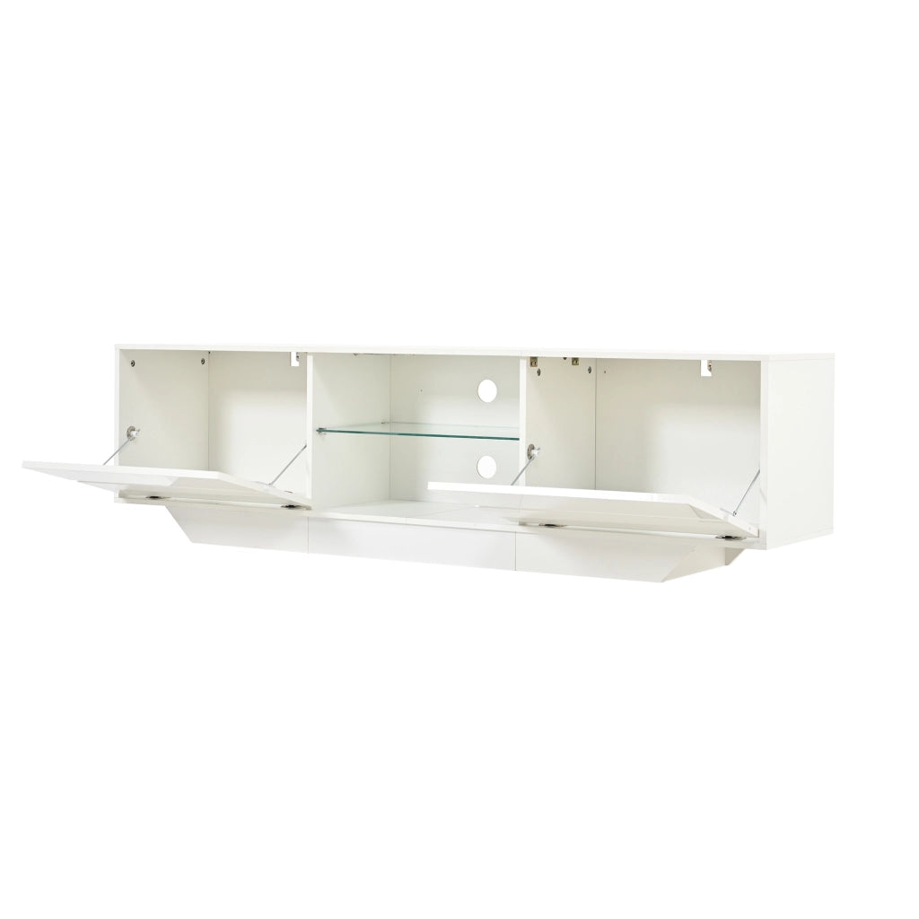 Mobile TV sospeso 160 cm in finitura lucida bianca con LED RGB e ampio spazio contenitivo