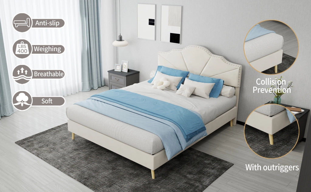 DESMIU Lit simple 140 × 200 cm con testiera geometrica e borchie, senza materasso, in tessuto e metallo, beige