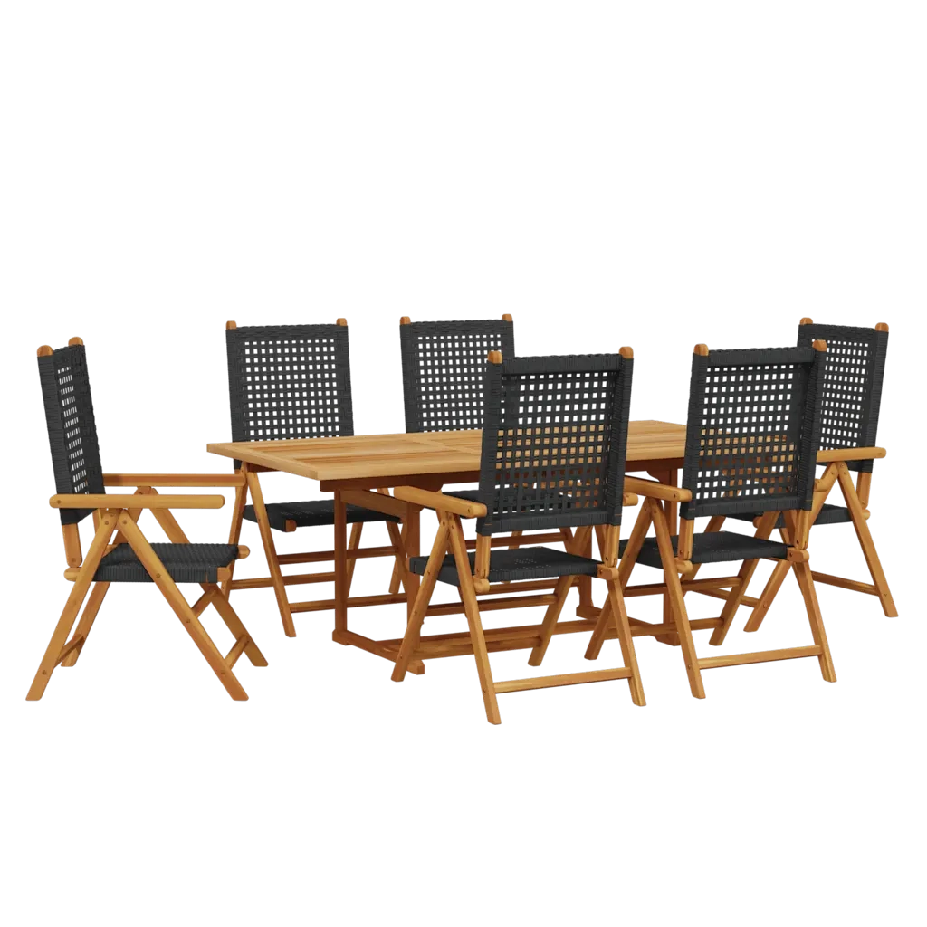 Set Pranzo Giardino 7 pz Nero in Polyrattan e Legno Massello