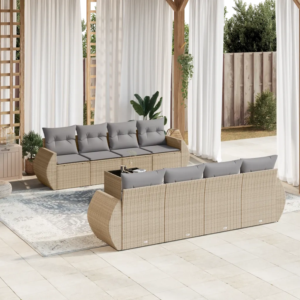 Set Divano da Giardino 9 pz con Cuscini Beige in Polyrattan 3221148