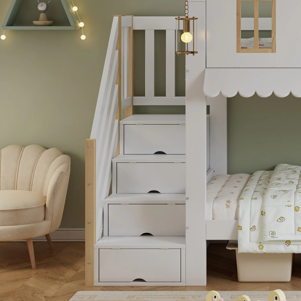 Letto a castello per bambini 90x200 cm con scala contenitore e design a casetta