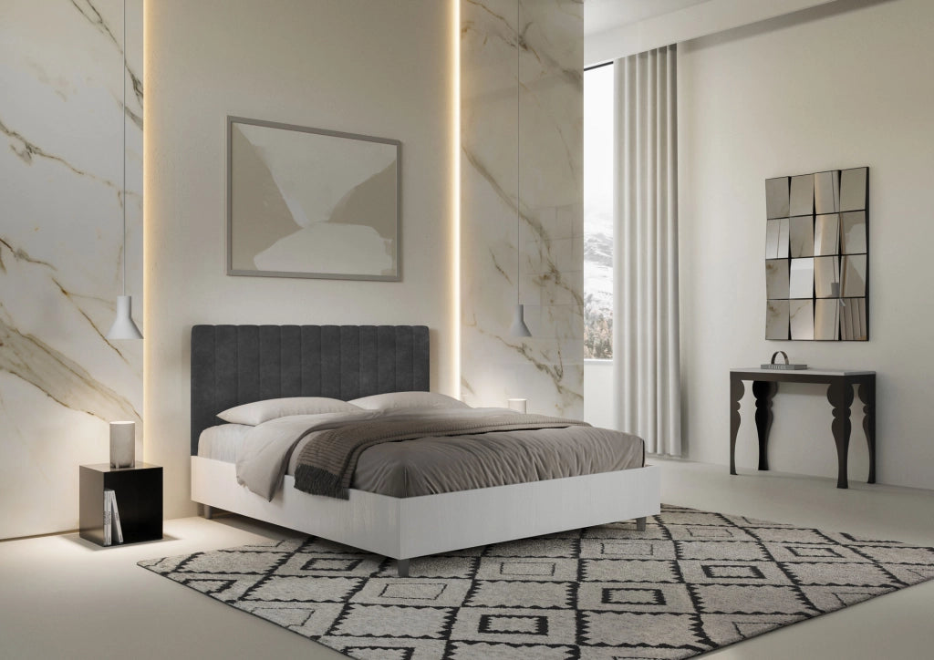 Letto Matrimoniale 160x190 cm con Rete e Contenitore Alzata Comoda Struttura Bianco Frassico e Testata in Microfibra