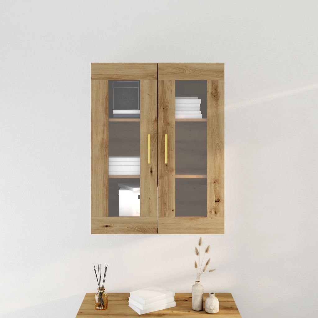 Mobile a muro con porte in vetro in rovere artigianale 69,5x34x90 cm