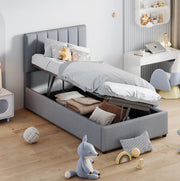 Letto contenitore 90x200 cm grigio in MDF, metallo e lino, senza materasso