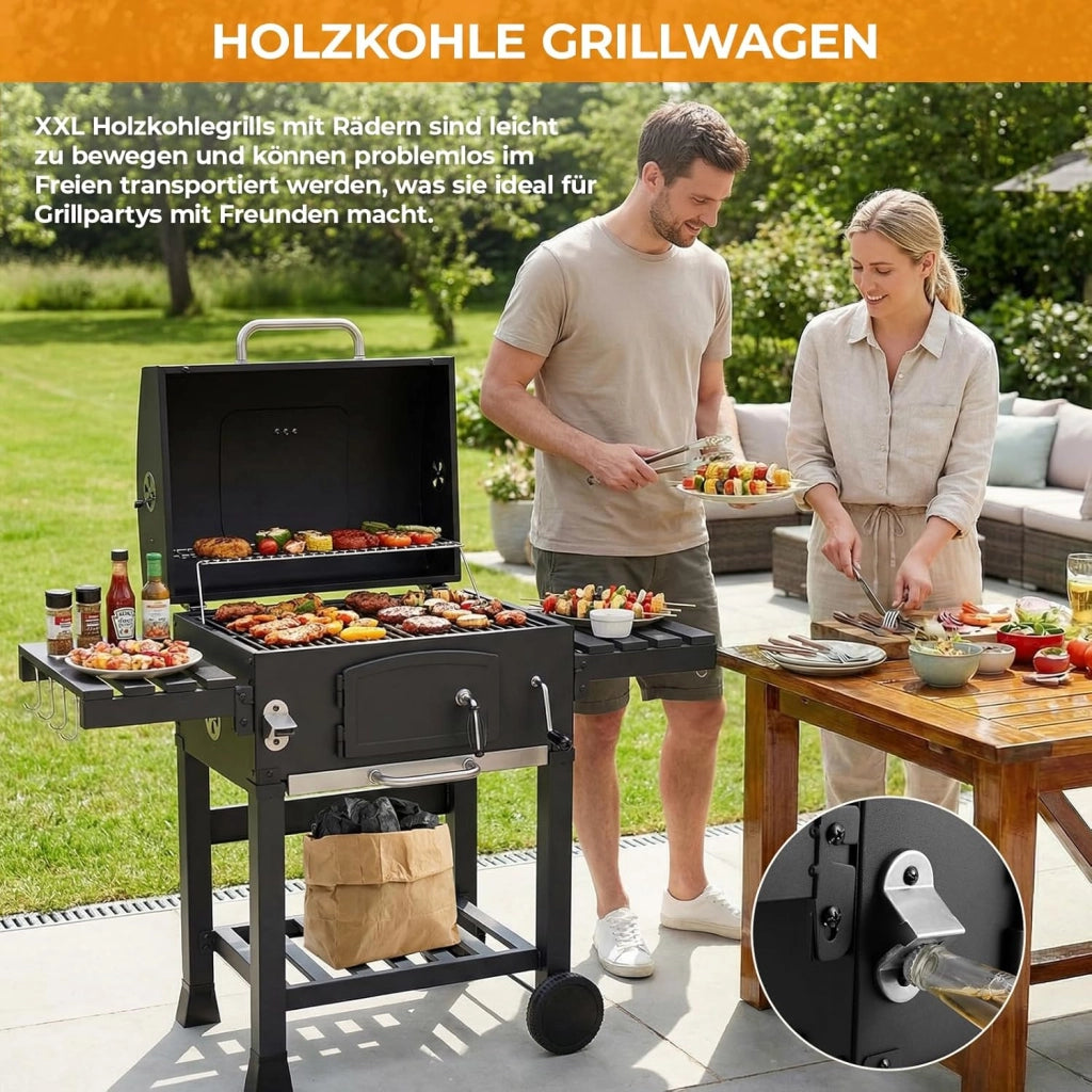 Barbecue Carbonella XXL con Coperchio, Griglia per Barbecue con Copertura Impermeabile, Ruote e Termometro, Altezza regolabile, Grande BBQ Smoke, per Campeggio, Giardino