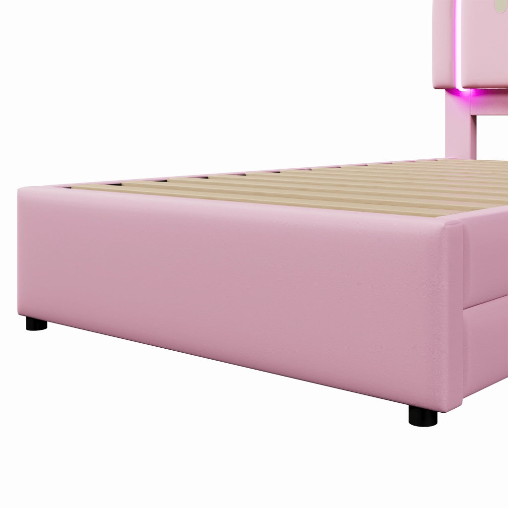 LETTO 90x200 cm in PU Rosa con 2 cassetti e barra luminosa multicolore