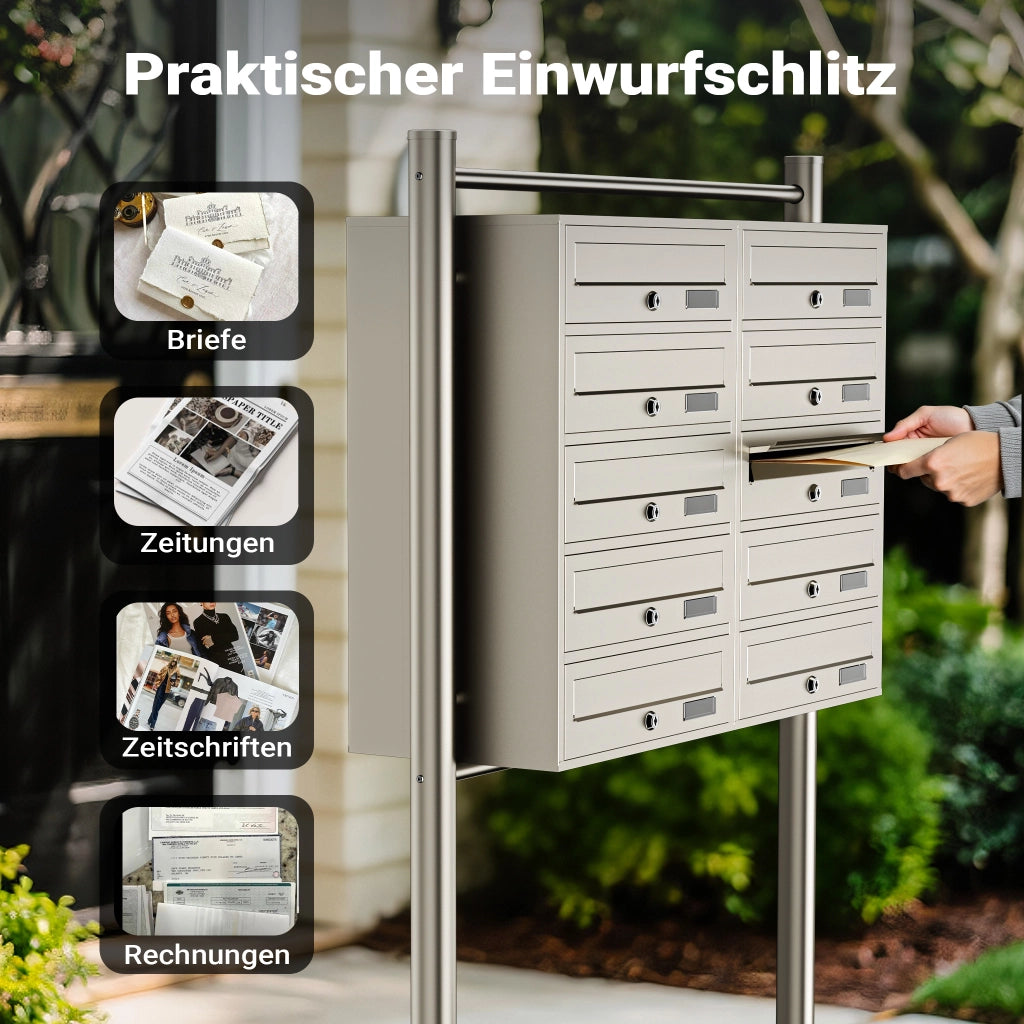 Cassetta postale condominiale autoportante, 10 posti, acciaio inox, 945 x 270 x 1500 mm, 2 moduli