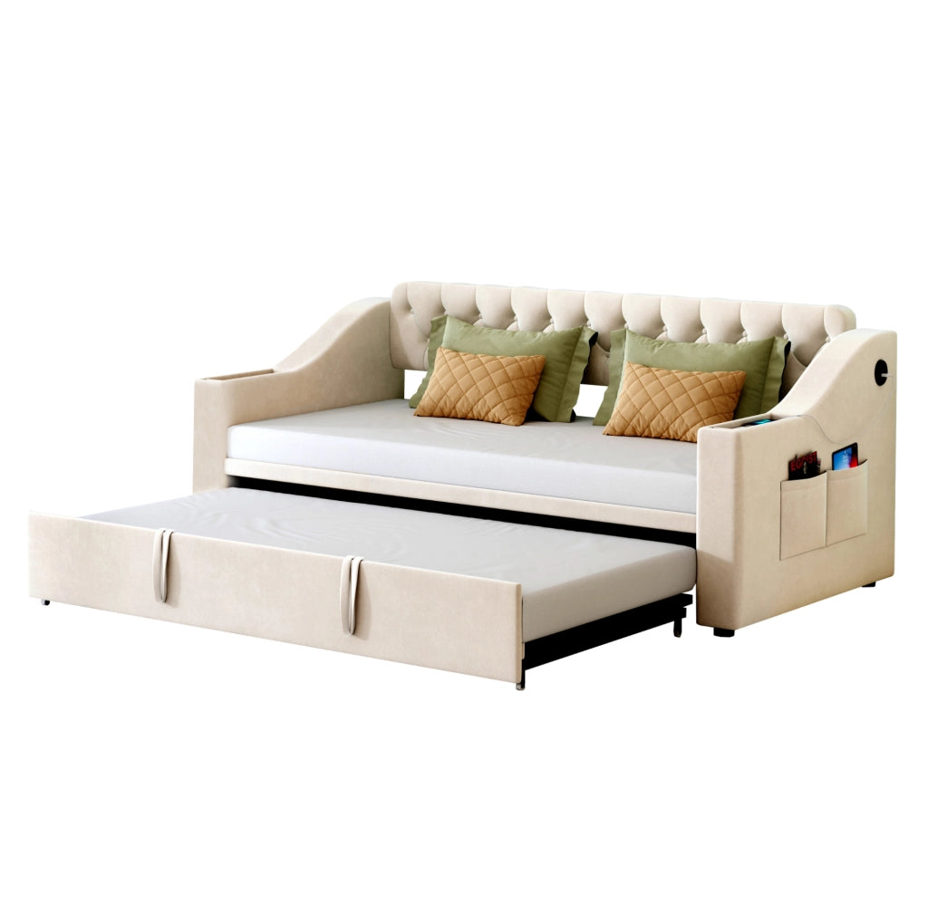 Divano letto imbottito 90x190/180x190 cm beige con USB