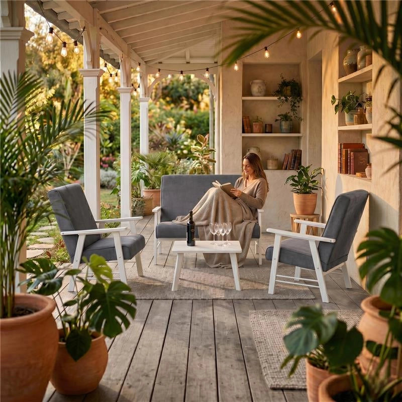 SET SALOTTO DA GIARDINO CON DIVANO, 2 POLTRONE + TAVOLINO IN LEGNO BIANCO E TESSUTO COLORE GRIGIO