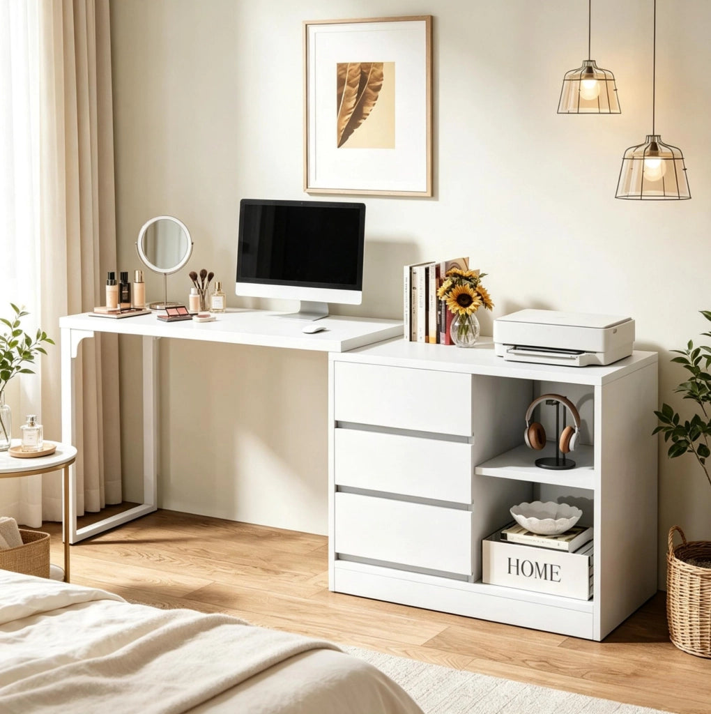 Scrivania angolare a L bianca con cassetti e ripiani, design moderno per ufficio e casa