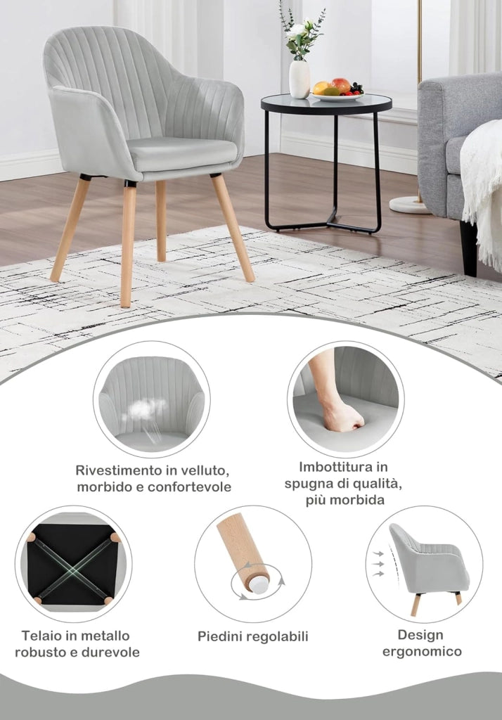 1Pz Sedia da Pranzo Poltroncina per Sala D'attesa Cucina Poltrona con Schienale Braccioli Tessuto in Velluto Gambe di Legno Grigio Chiaro BH95hgr-1