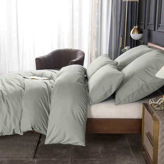 Set di lenzuola a due pezzi in microfibra, 135 x 200 cm, con chiusura a righelli, coperta da 135 x 200 cm, extra morbida e stirata, con cuscino 80 x 80 cm, 90 g/m², grigio
