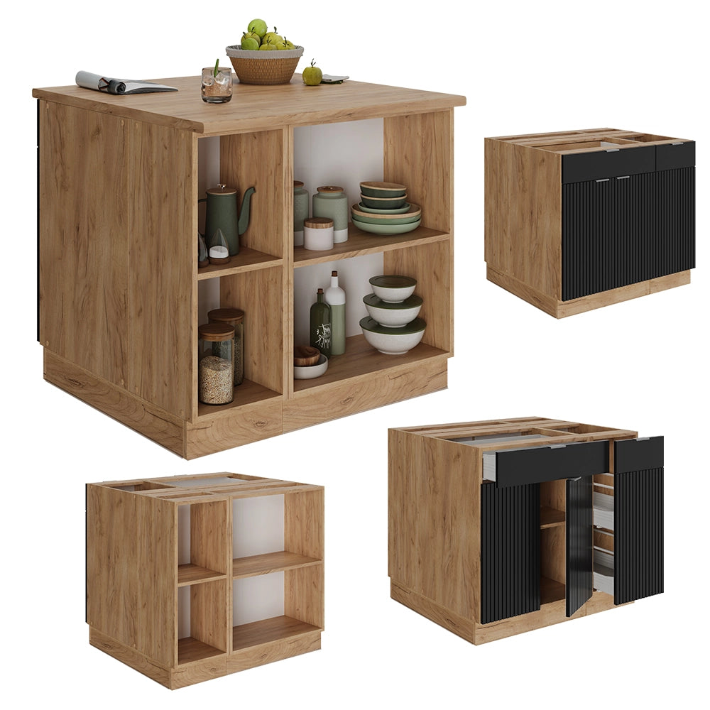 Isola cucina Fame-Line Nero rigato/Rovere dorato 90 cm con cassetto, senza piano di lavoro Vicco