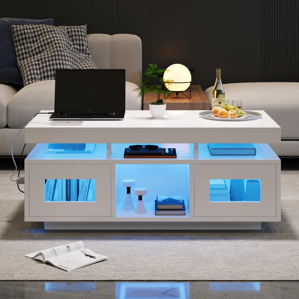Tavolino da caffè con LED e presa USB 2 ante 2 vani portaoggetti per ufficio e soggiorno 100 × 50 × 43 cm