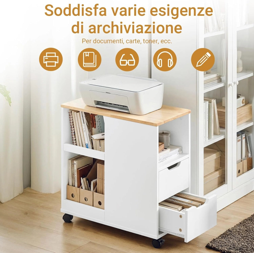 Supporto per Stampante con Ruote – Mobiletto per Stampante con Cassetti e Vani, Tavolino Multifunzionale per Ufficio e Home Office, L60xP30xH60 cm, FBT130-WN