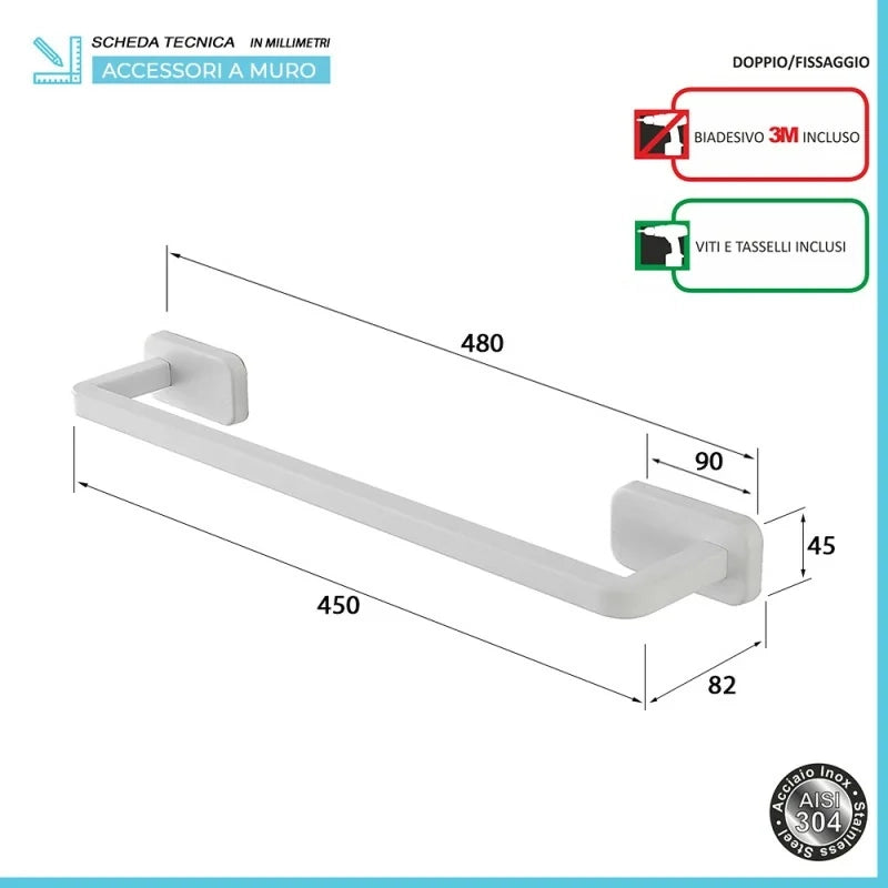 Portasciugamani a muro 45 cm in acciaio inox bianco con doppio fissaggio