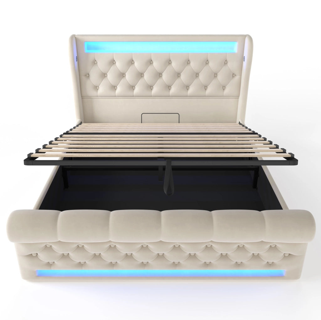 Letto matrimoniale imbottito ULEVR 140x200 cm con contenitore idraulico, LED, USB e Type-C, velluto beige