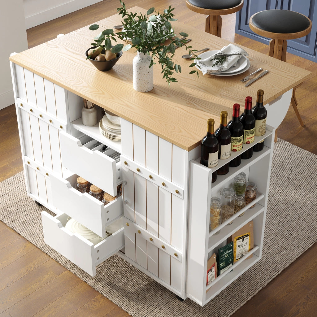 Carrello da Cucina con 2 Ante Scorrevoli; 3 Cassetti; Ripiano Laterale; Piano Ribaltabile e Ruote; in MDF; 110x42x90 cm; Bianco