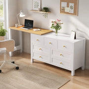 Scrivania girevole 2 in 1 con 7 cassetti, effetto quercia bianco/naturale, 120 x 40 x 70 cm