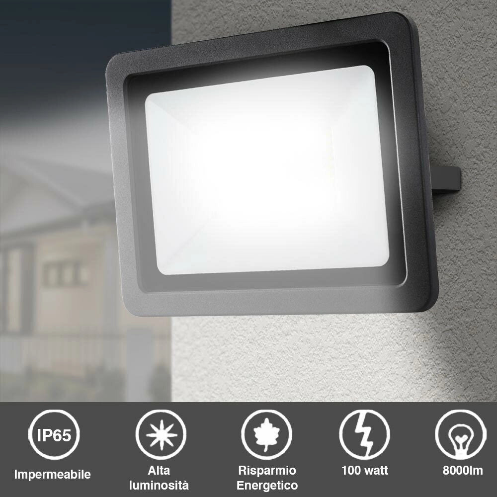Faro Led 100W Luce Alta Luminosita 8000lm Faretto Esterno Slim Bianco Freddo