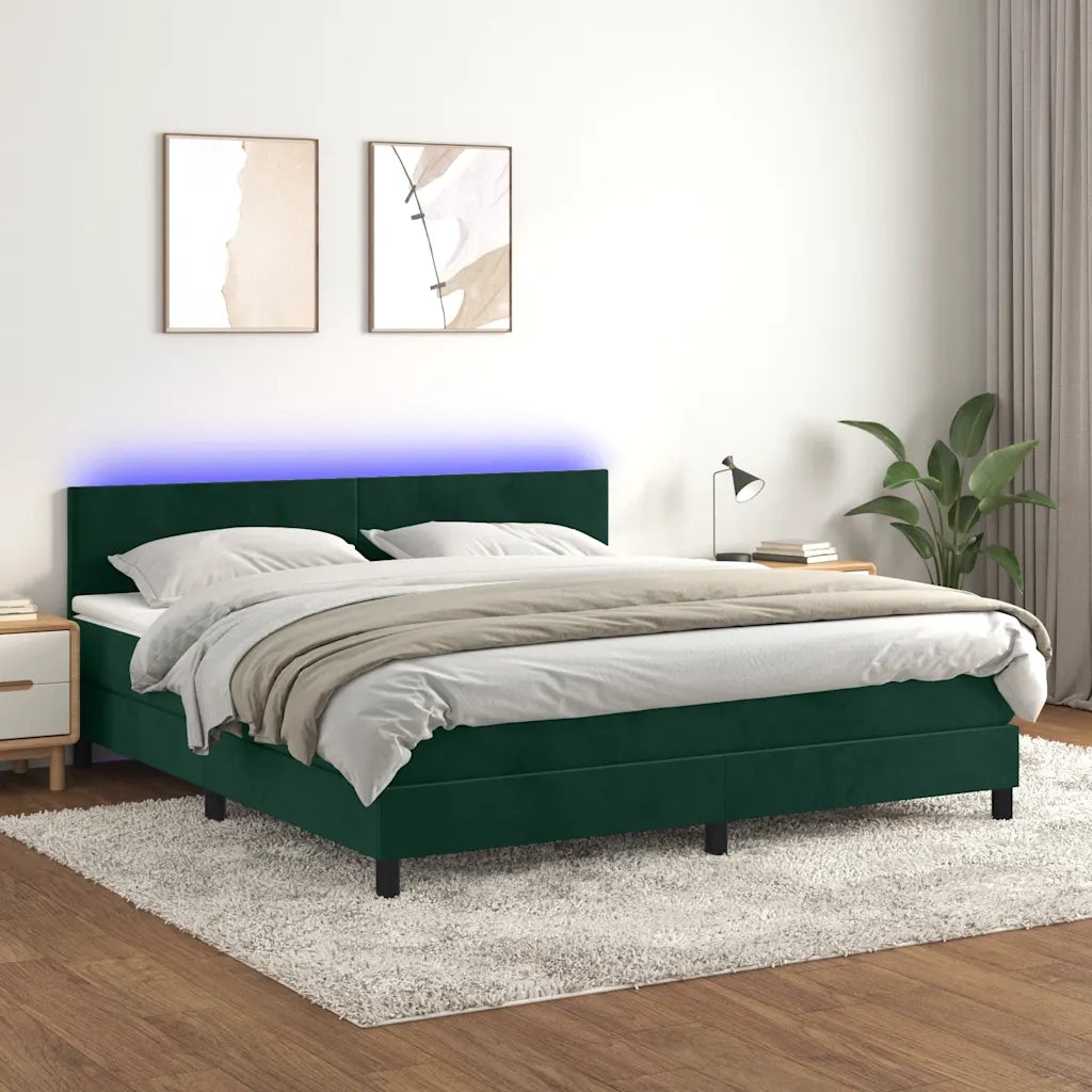 Letto a Molle con Materasso e LED Verde Scuro 160x200cm Velluto 3134294