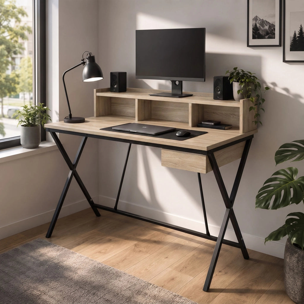 Scrivania PC industriale Rovere Sonoma FLEXO 100 cm 1 cassetto 1 ripiano gambe nere