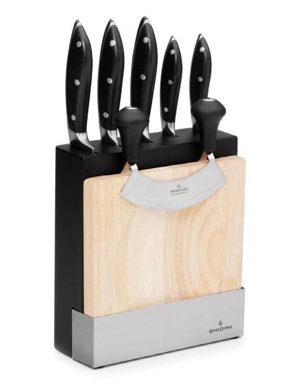 Ceppo Portacoltelli in Legno 5 Coltelli Forgiati + Mezzaluna e Tagliere Ghidini