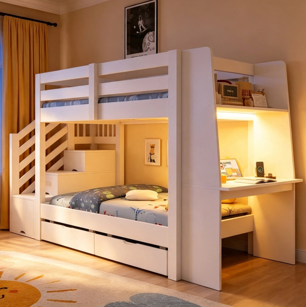 Letto a castello 90x200 cm in legno con scala contenitore; scrivania; LED e 2 cassetti; bianco