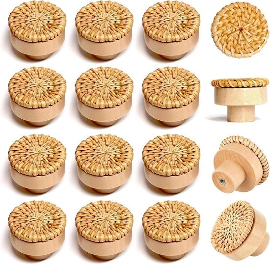 Set di 16 maniglie in rattan per armadi vintage, maniglie naturali con viti, cassetti in legno, maniglie in legno per armadi da cucina, cassetti, soggiorno