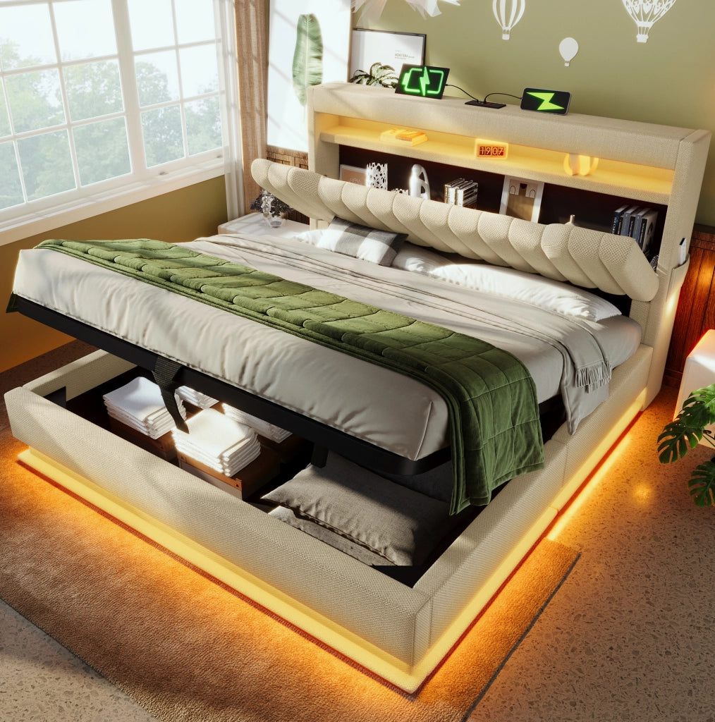 Letto matrimoniale 140x200 cm in lino beige con LED; ricarica USB e Type-C; contenitore idraulico
