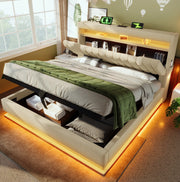Letto matrimoniale 140x200 cm in lino beige con LED; ricarica USB e Type-C; contenitore idraulico