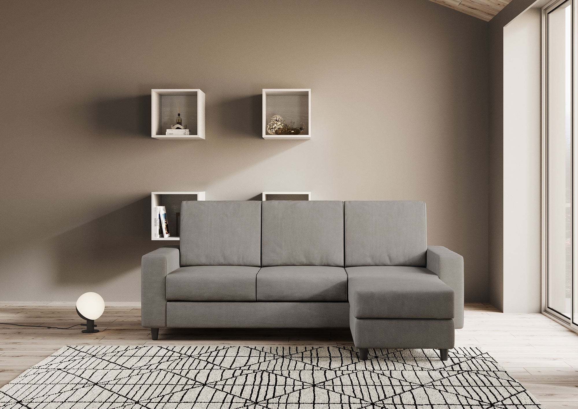 Divano 3 Posti con Pouf 208x155x85 cm Sakar in Tessuto Grigio