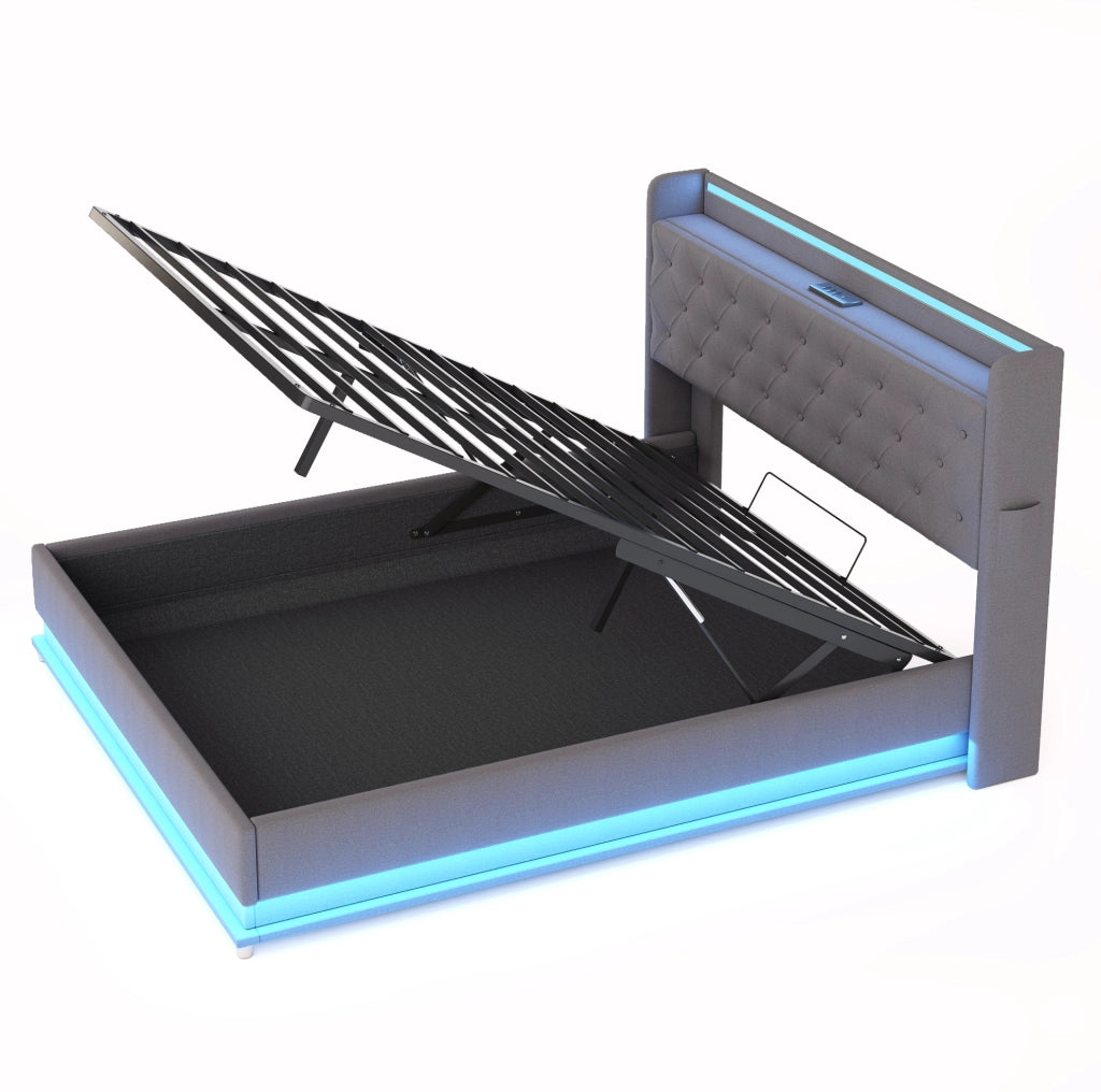 Letto matrimoniale imbottito 160x200 cm con LED; porta USB e contenitore idraulico; grigio