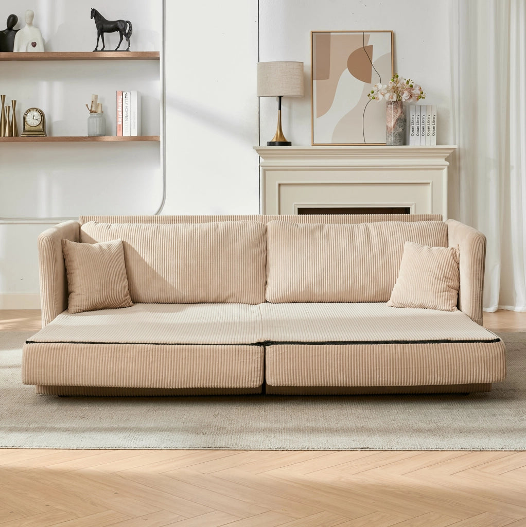 Divano letto 182x88x84 cm in tessuto beige, per piccoli spazi