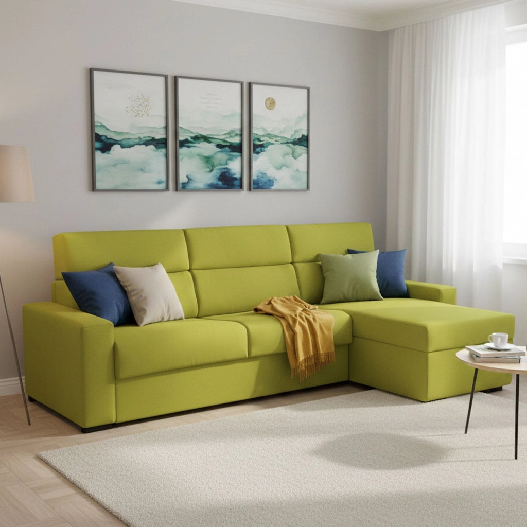 Celleno, Divano Letto con Penisola Sfoderabile Made in Italy, 280x160 cm Verde