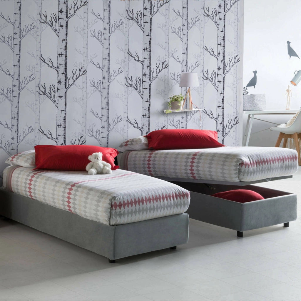 Letto singolo Agenta, Letto contenitore con rivestimento in tessuto, Made in Italy, Apertura frontale, con materasso cm 80x190 incluso, Grigio