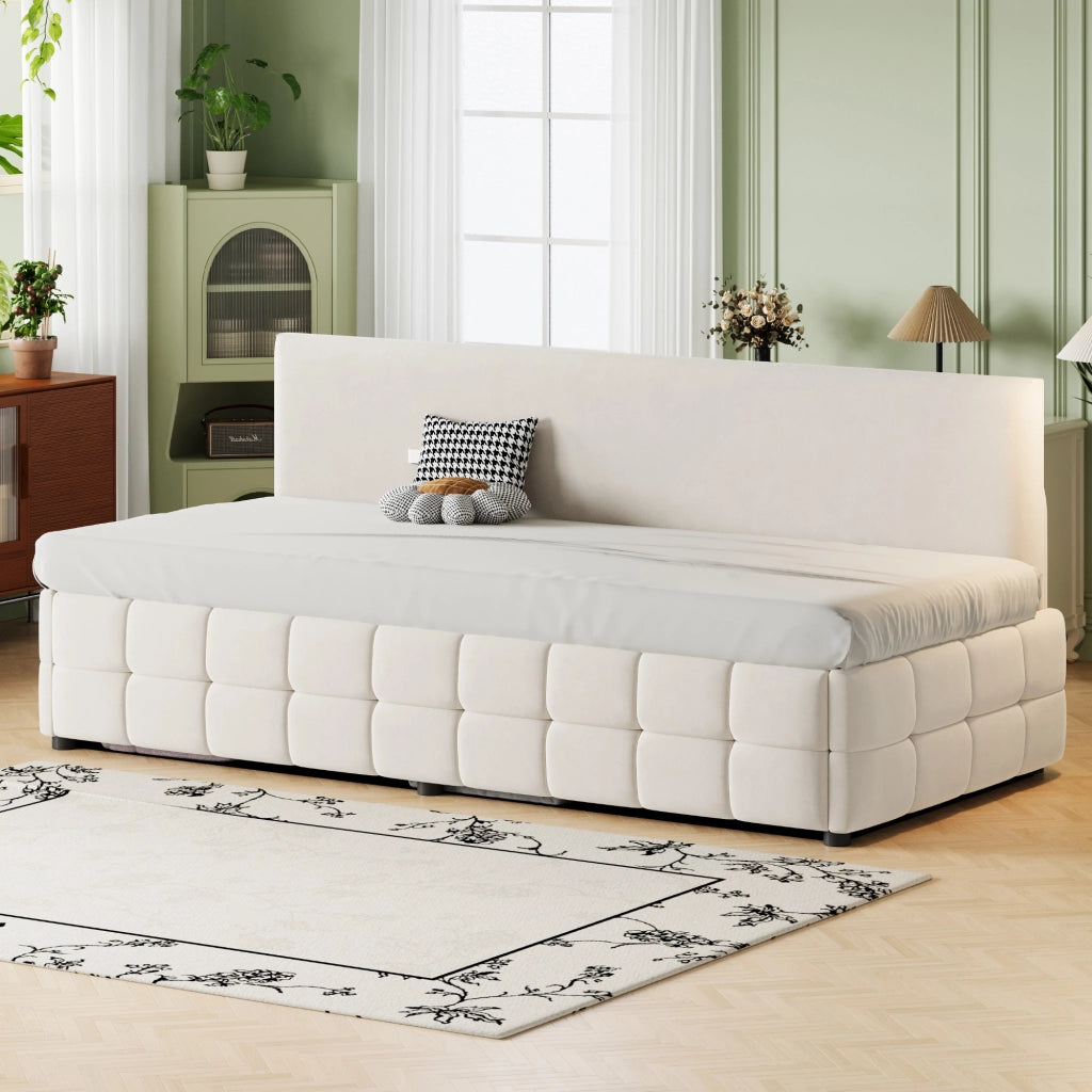 Letto imbottito singolo 90x200 cm con contenitore idraulico, schienale senza braccioli, velluto beige