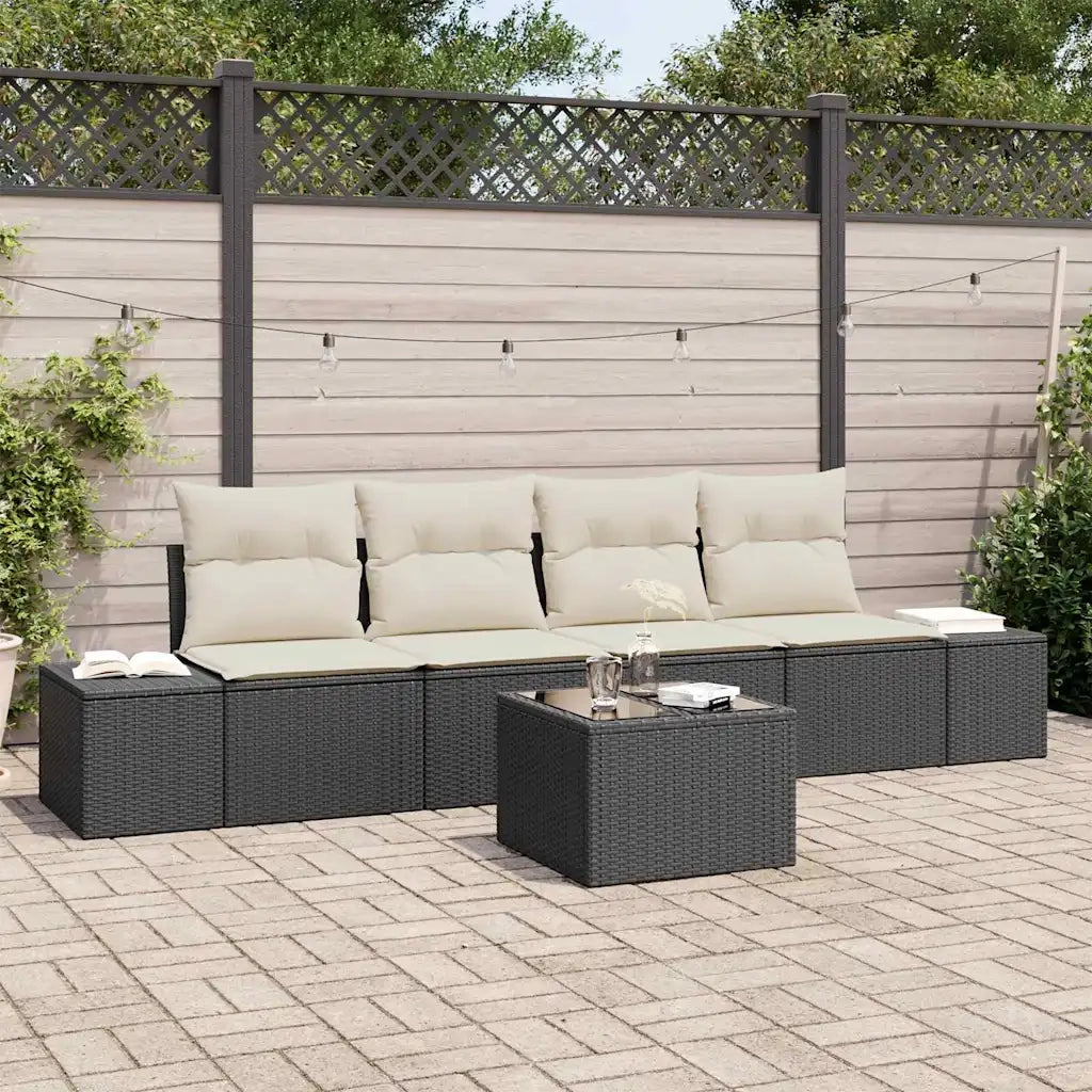 Set Divano da Giardino 5 pcs Nero e Crema polyrattan