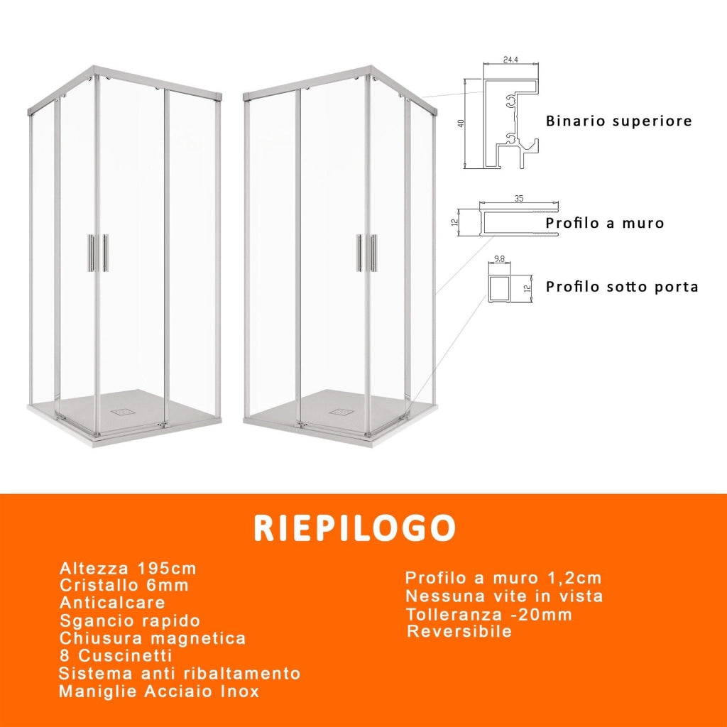 Box Doccia angolare 90x100 cm 2 ante Scorrevoli in Cristallo trasparente 6mm H195 Bonussi Grace