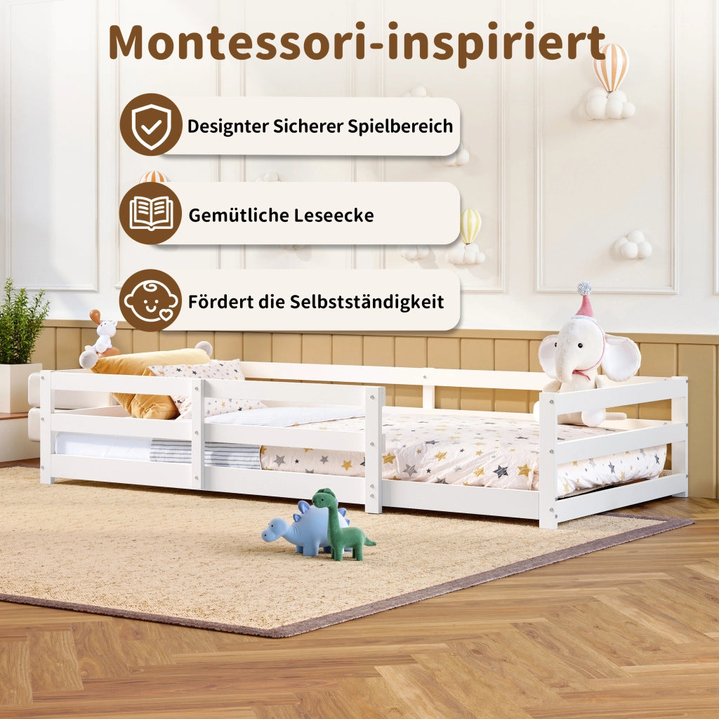 Letto per bambini Montessori 90 × 200 cm con barriera di sicurezza, rete inclusa, senza materasso, in pino, bianco