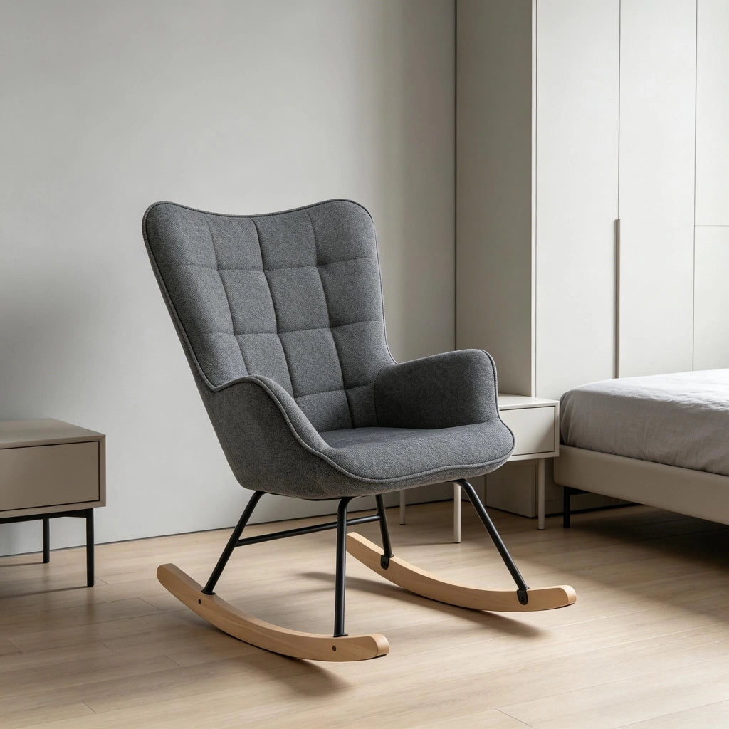 Poltrona a dondolo in velluto con schienale alto e design ergonomico, seduta confortevole per relax grigio scuro