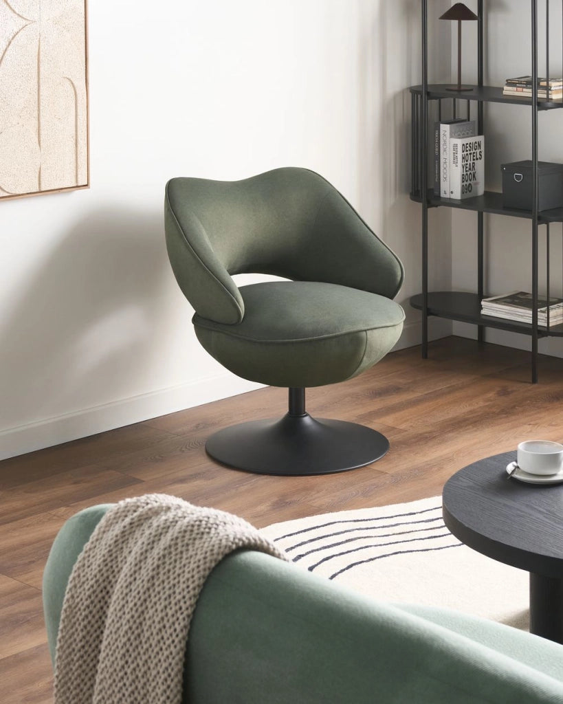 Poltrona girevole in velluto verde scuro con base girevole e schienale basso, poltrona ergonomica da salotto