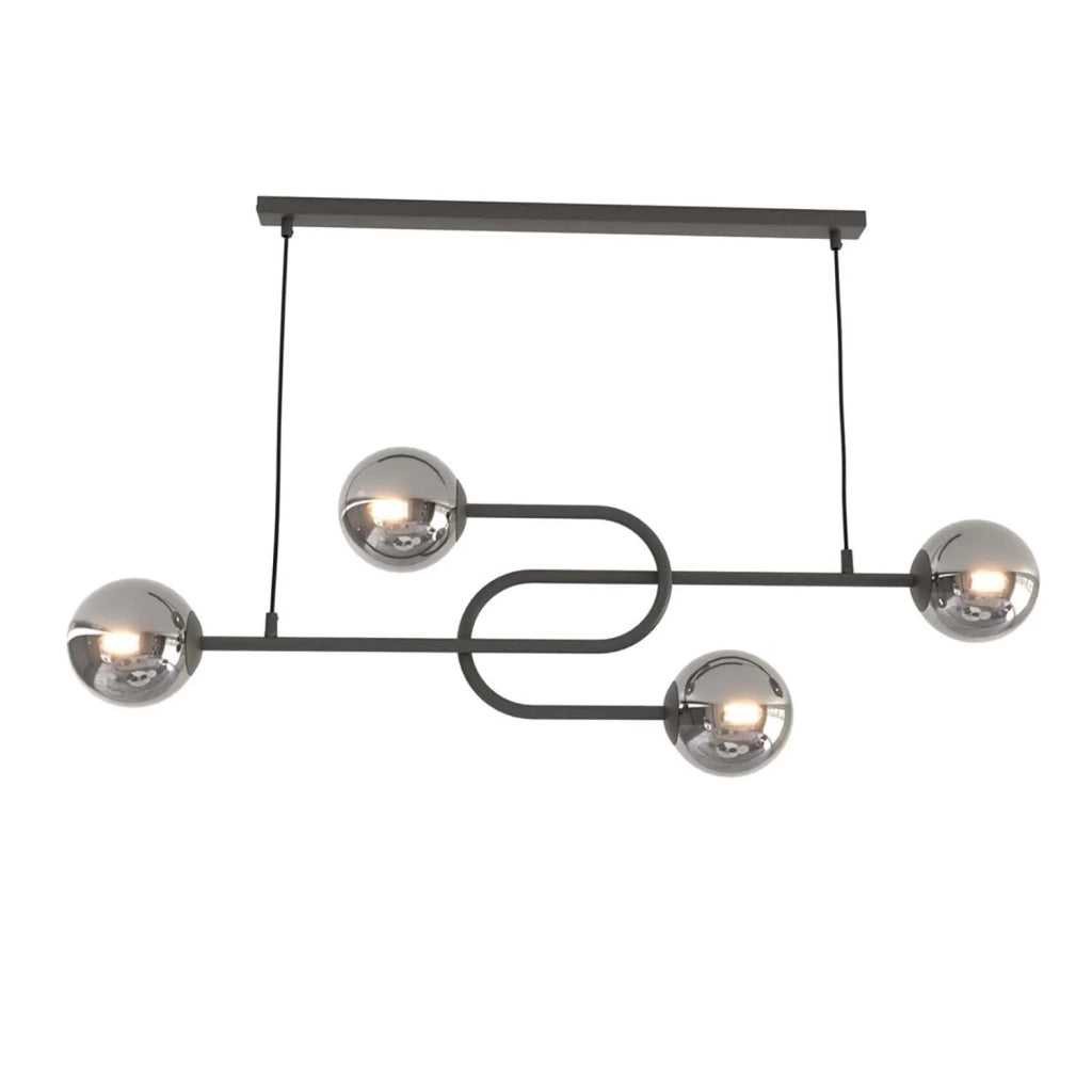 Lampadario 4 Luci Kine In Acciaio Nero E Sfere In Vetro Fumè