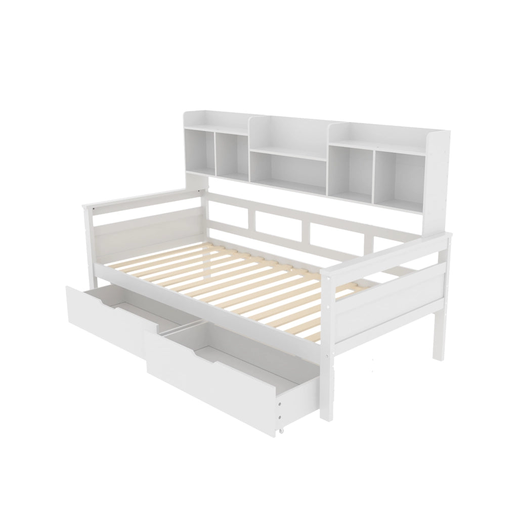 OKWISH Letto a Divano 90×200 cm, Letto Singolo con 2 Cassetti, Mensole e Scomparti, senza Materasso, in Legno, Bianco